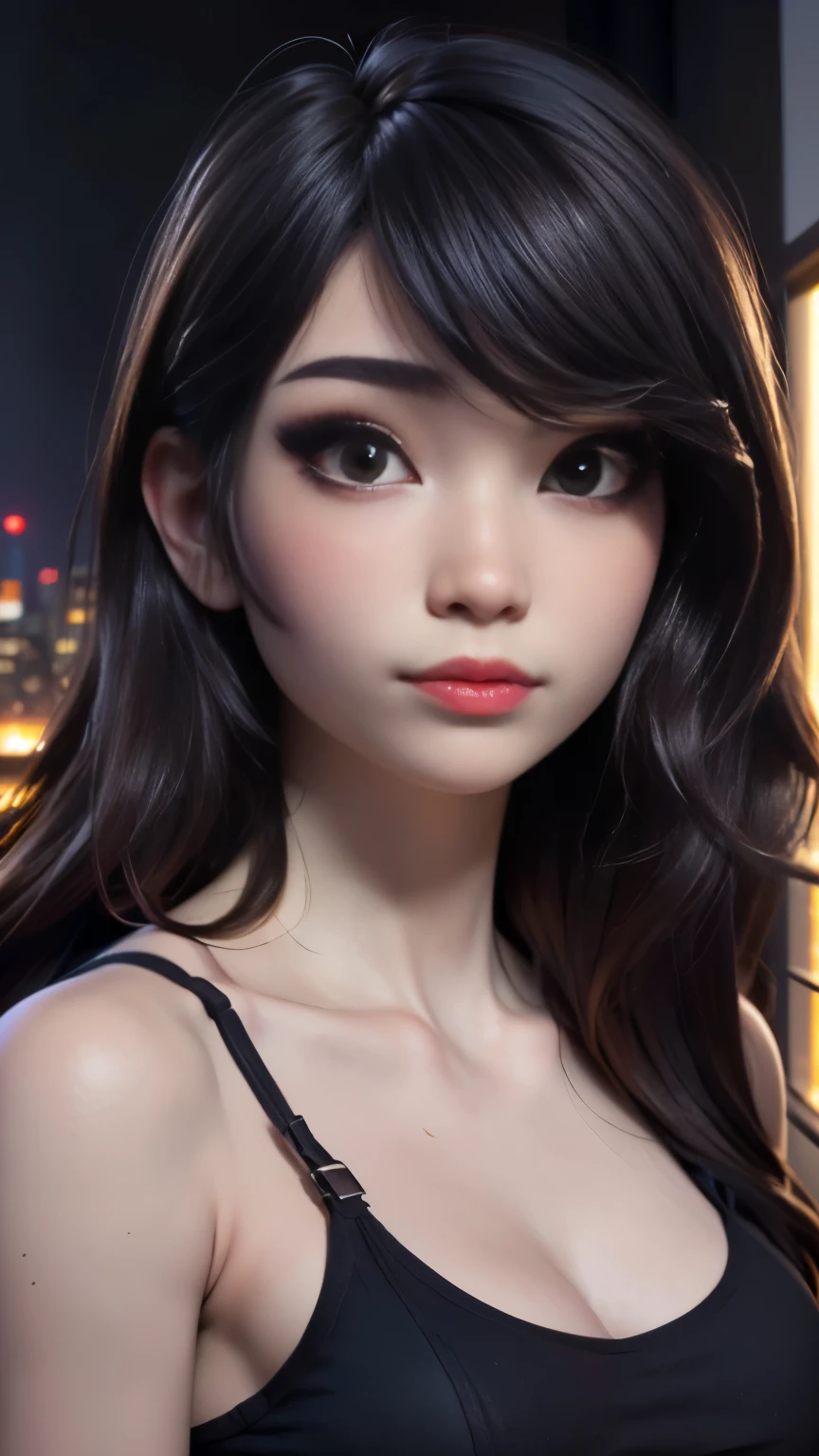 photo of Emiru, RAW, beautiful woman, ((portrait)), ((detailed face:1.2)), ((detailed facial feature, detailed skin, clear skin), (perfect proportioned body), (wearing a small spaghetti strap tank top) (high detailed city environment, apartment balcony), (realistic photo, best quality, detailed), (8k wallpaper), (cinematic lighting, dramatic lighting) (sharp focus, intricate)