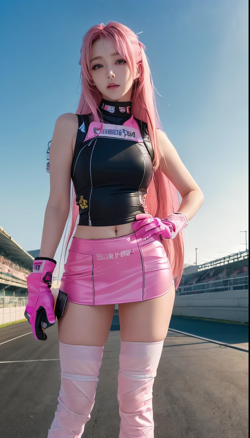 highest quality, ultra high resolution, (realistic: 1.4), (pink long hair: 1.3), (azur lane\), one girl, (KPOP Idol), view audience, detailed face, contrap post, , Perfect anatomy professional lighting, futuristic fashion, street wear, high tech fabric, racing suit, fireproof material, elbow and knee pads, racing gloves, personalized embroidery, sports car background, pit, mini skirt, belly button, pink hair, Suzuka Circuit, circuit home straight, race track, international circuit, Super Goodhighest quality, ultra high resolution, (realistic: 1.4), (pink long hair: 1.3), (azur lane\), one girl, (KPOP Idol), view audience, detailed face, contrap post, , Perfect anatomy professional lighting, futuristic fashion, street wear, high tech fabric, racing suit, fireproof material, elbow and knee pads, racing gloves, personalized embroidery, sports car background, pit, mini skirt, belly button, pink hair, Suzuka Circuit, circuit home straight, race track, international circuit, Super Good