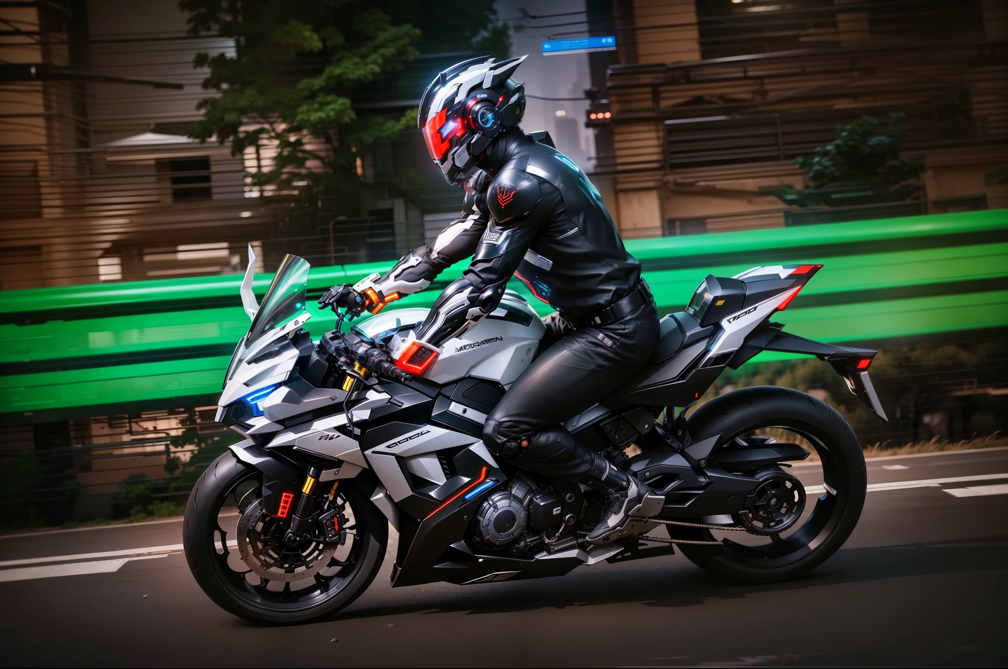 Handsome full body black mecha white short hair cyber handsome warrior, Black Cyber Mechanical Motorcycle, High-tech black full-face helmet, white short hair, nour, biology, MSHN Robot Man, High-tech helmet, surreal, steel, complex design, Crazy details, fine details, The lines are extremely clear, movie lighting, Photorealism, detailed masterpiece