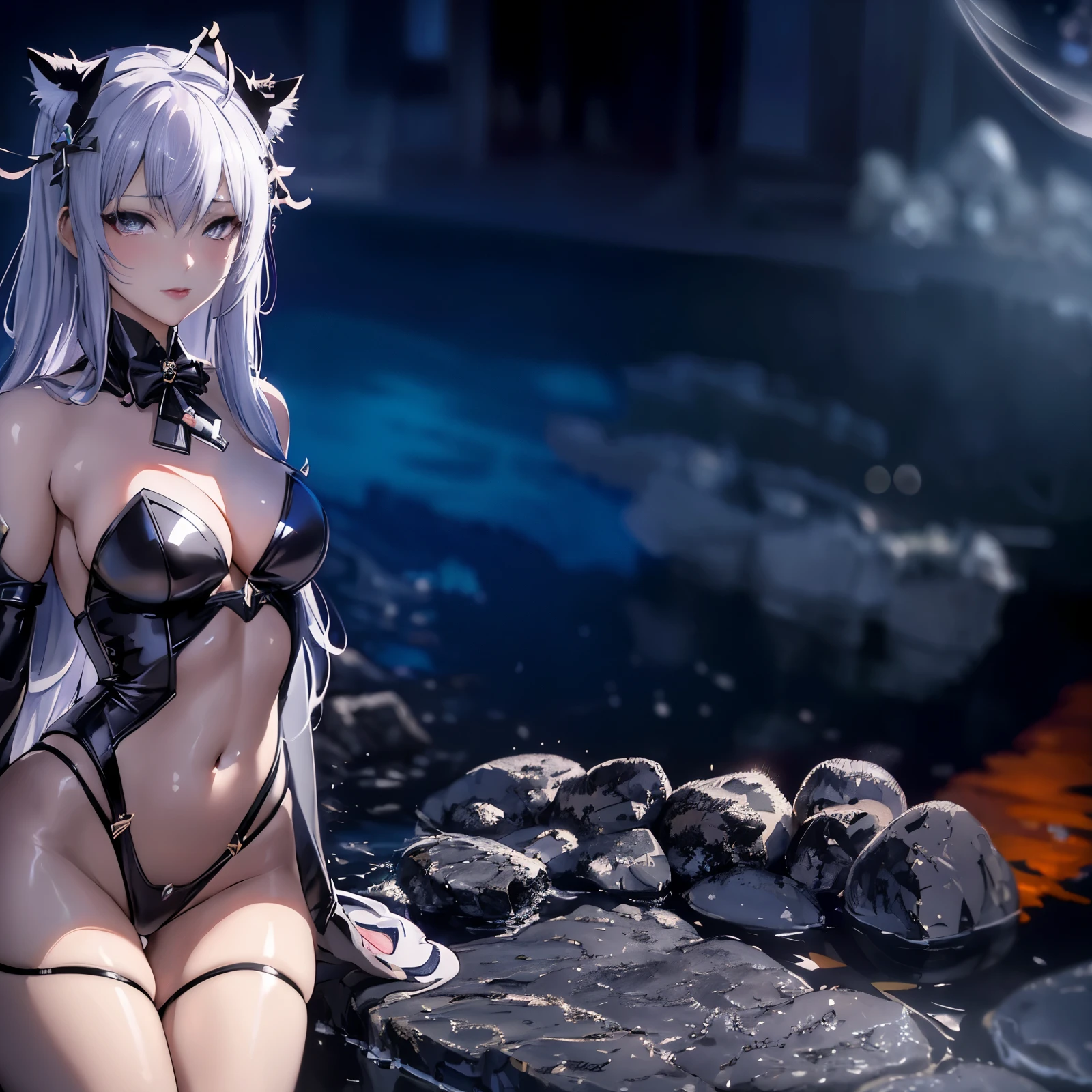 Anime girl in black and white costume posing on rocks, [ 4k digital art ]!!, 2. 5d CGI anime fantasy artwork, attractive catwoman, catwoman, azure lane style, Popular topics on cgstation, 3D rendering character art 8k, white catwoman, from《azur lane》Electronic games, very beautiful anime catwoman,(8k, RAW photo, photorealistic:1.25) ,( lip gloss, eyelash, glossy surface, shiny skin, best quality, ultra high resolution, depth of field, Color difference, Caustics, wide light, natural shadow)