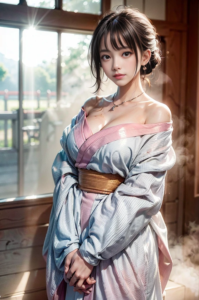 ((RAW shooting:1.5)), (photorealistic:1.5, muste piece:1.5, 8K), (highest quality, masterpiece, ultra high resolution), morning, Shrine precincts, ((fog the lens:1.4)), ((Shoot with blur:1.5)), ((sunrise, sunlight shining from behind:1.6, Strong sunlight spreads across the screen:1.6)), ((Strong sunlight shines on a woman:1.7)), ((The entire screen appears white and hazy due to strong sunlight.:1.8)), ((The woman looks blurry due to the strong sunlight:1.9)), professional camera work:1.3, Highly detailed skin and facial textures:1.3, glow light effect, super detail:1.3, 1 girl, fair skin, glossy skin, (sense of clarity:1.4, small face), extremely beautiful face:1.5, (sense of clarityを感じる目:0.9, looking far away), A smile:1.0, (mouth slightly open:0.4, sense of clarityを感じる口当たり:0.7), double eyelid, dark brown medium hair, necklace and earrings, (Wearing a pink kimono correctly Off-shoulder)