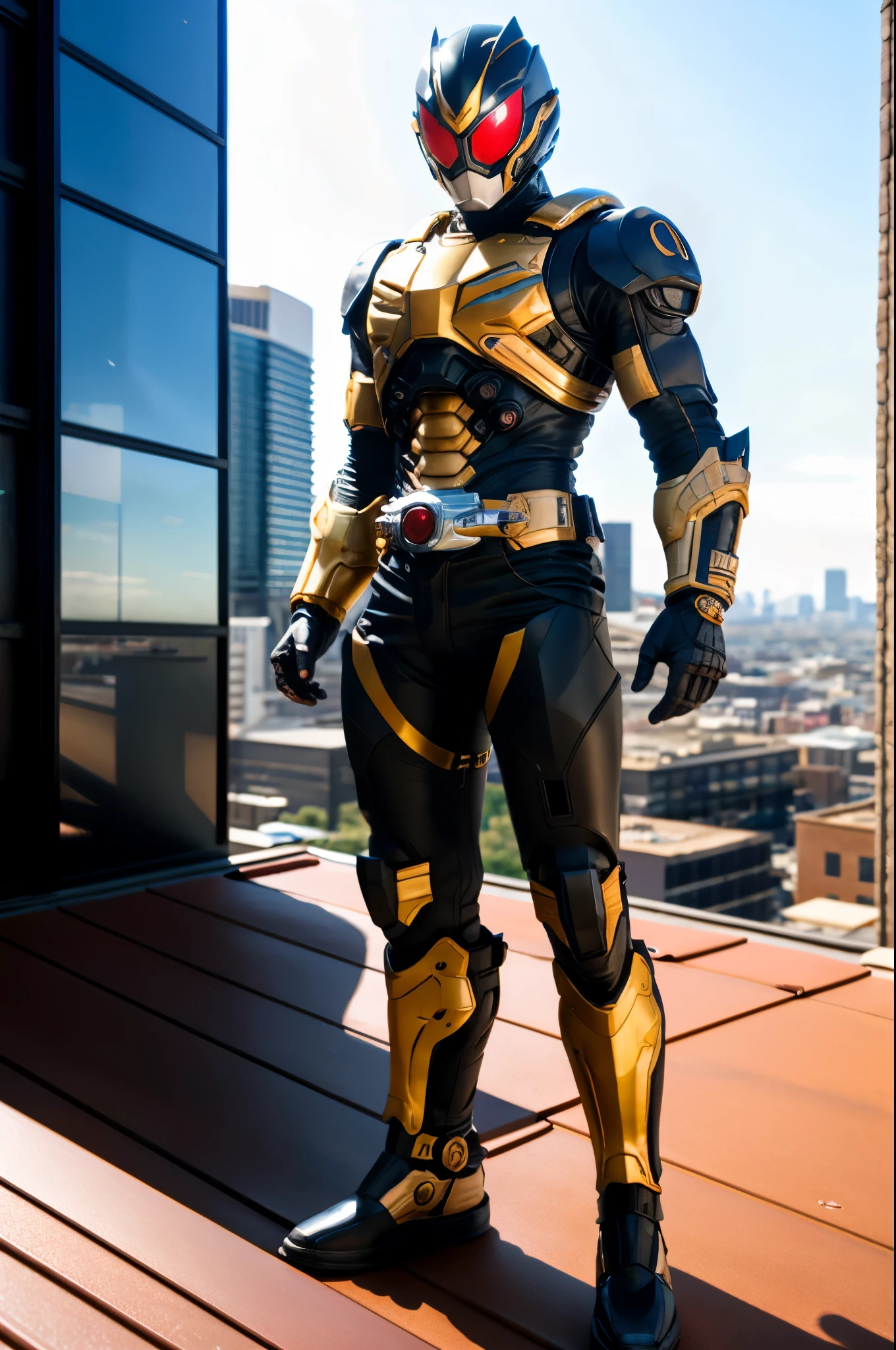 A super  a high-tech biotech battle suit, standing on a rooftop, looking over the city, Japanese tokusatsu and American comic style, biometallic texture of the suit, sleek and shiny, dynamic, fast, natural light, cinematic, high quality, high resolution, high detail, sophisticated design, dramatic, high definition, ultra-detailed, ultra-fine painting, extremely delicate, creativity, Natural light, cinematic lighting, best shadow, masterpiece-anatomy-perfect