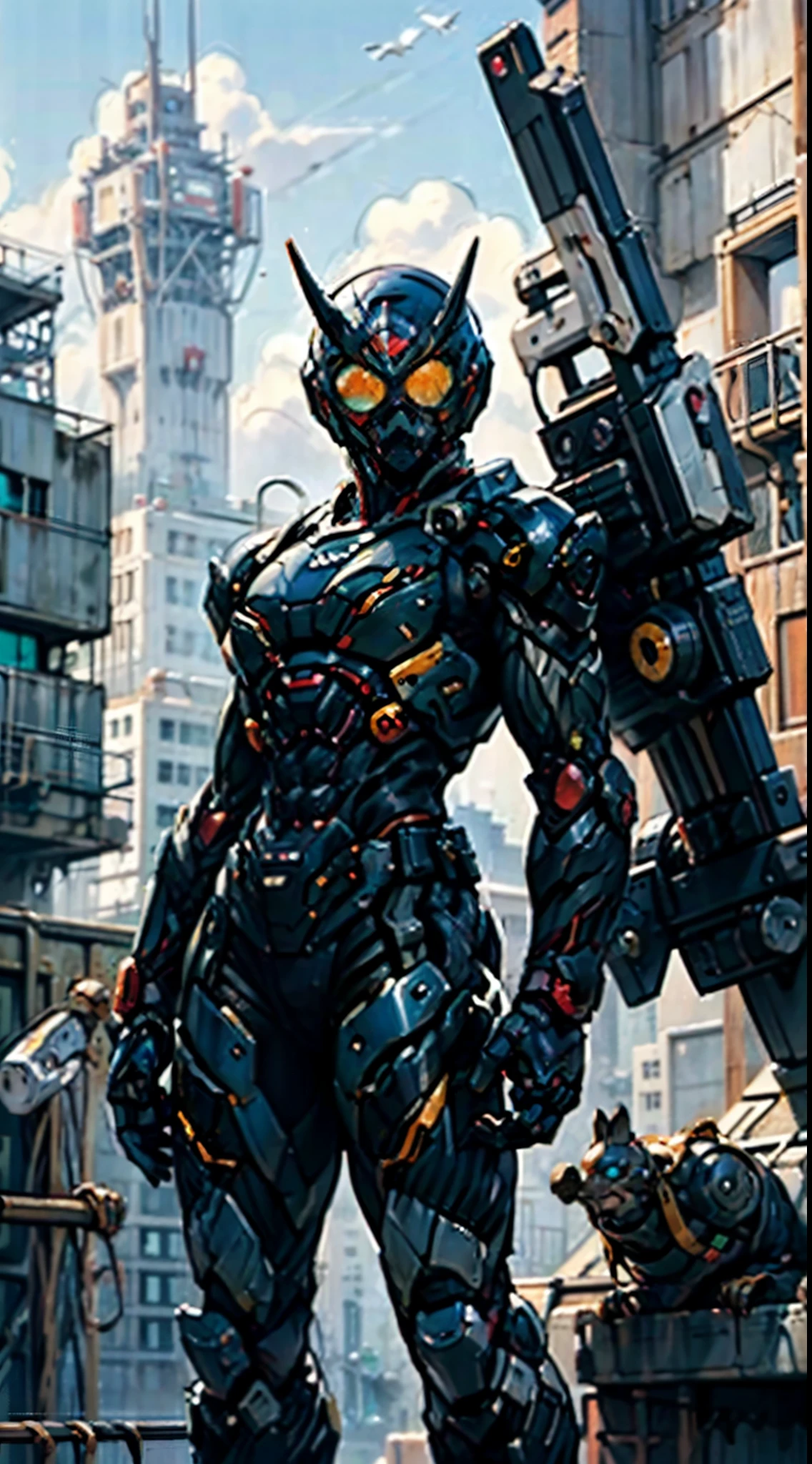 A super a high-tech biotech battle suit, standing on a rooftop, looking over the city, Japanese tokusatsu and American comic style, biometallic texture of the suit, sleek and shiny, dynamic, fast, natural light, cinematic, high quality, high resolution, high detail, sophisticated design, dramatic, high definition, ultra-detailed, ultra-fine painting, extremely delicate, creativity, Natural light, cinematic lighting, best shadow, masterpiece-anatomy-perfect