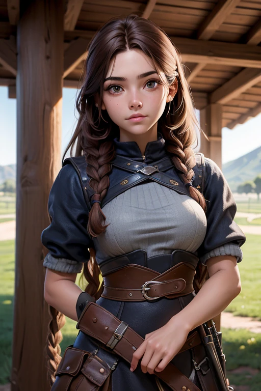 (Obra maestra, La mejor calidad) young 18 year old woman, Cabello largo, ojos azules, cabello rubio, brown hair, tenencia, boca cerrada, Parte superior del cuerpo, arma, trenza, al aire libre, tenencia arma, armadura vikinga, Profundidad de campo, realista.