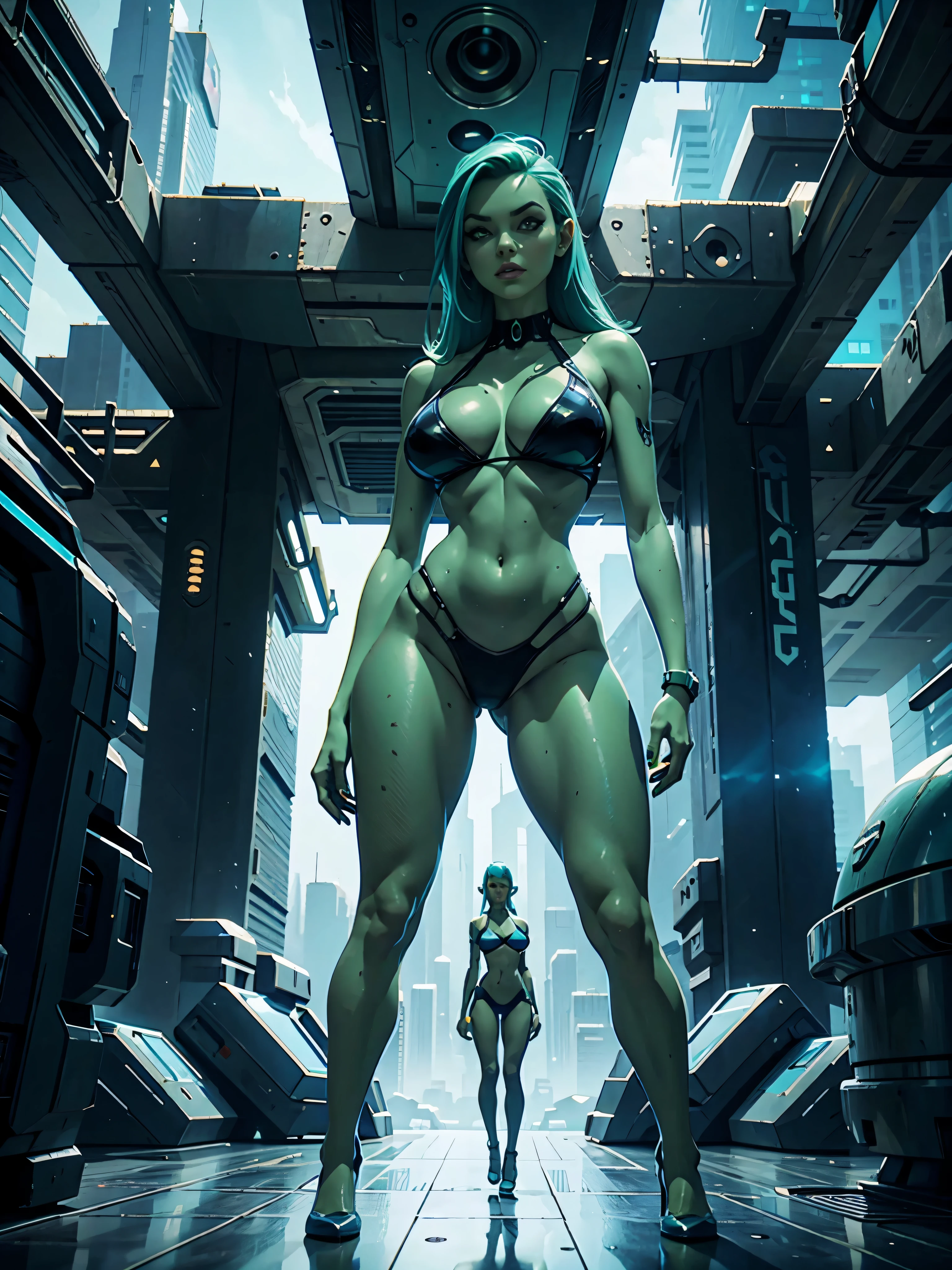 Full body image, young beautiful alien android woman, with green skin and blue drawing, very large firm breasts, perfect proportions, bikini outfit, she is standing in a dark alien fortress on an alien planet, in the future, cyberpunk, dark, gloomy, menacing, anime, sexy, erotic, UHD resolution, realistic detail, realistic reflections, realistic shadows, 3D, masterpiece, art