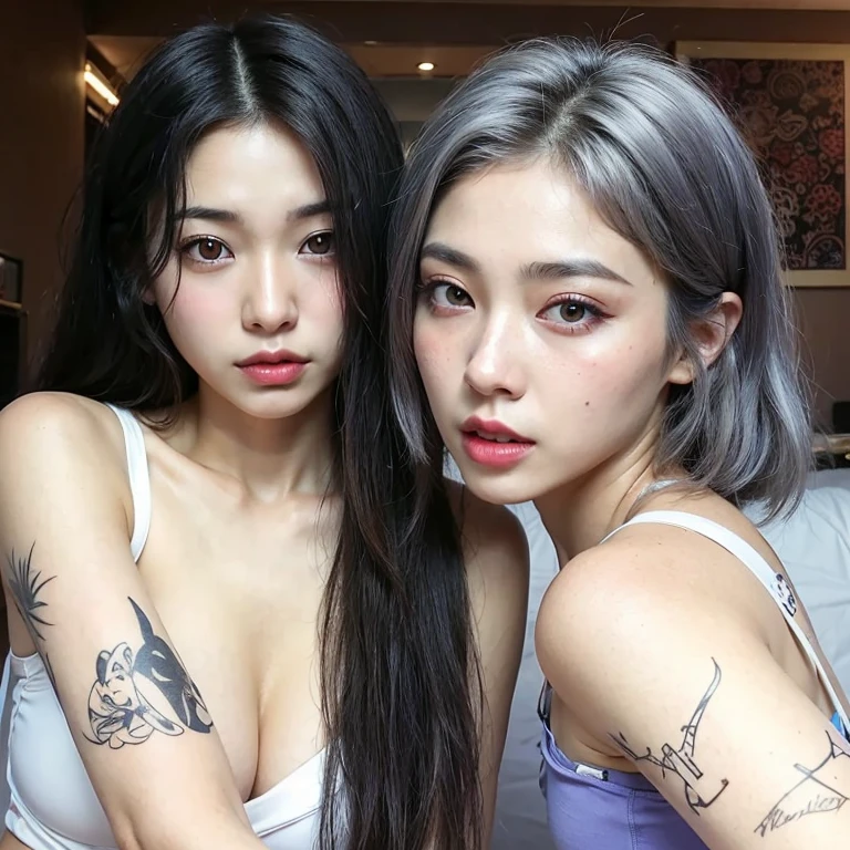 two asian women with tattoos on their arms and arms, nixeu and sakimichan, of taiwanese girl with tattoos, popular south korean makeup, two color hair, ulzzang, with black, inspired by Wang Duo, with same hairstyle, with white long hair, long straight silver hair, popular korean makeup, straight grey hair, charcoal color skin