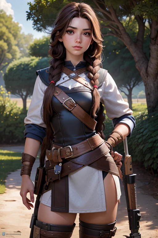(Obra maestra, La mejor calidad) young 18 year old woman, Cabello largo, ojos azules, cabello rubio, brown hair, tenencia, boca cerrada, Parte superior del cuerpo, arma, trenza, al aire libre, tenencia arma, armadura vikinga, Profundidad de campo, realista.