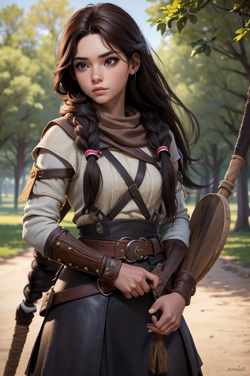 (Obra maestra, La mejor calidad) young 18 year old woman, Cabello largo, ojos azules, cabello rubio, brown hair, tenencia, boca cerrada, Parte superior del cuerpo, arma, trenza, al aire libre, tenencia arma, armadura vikinga, Profundidad de campo, realista.