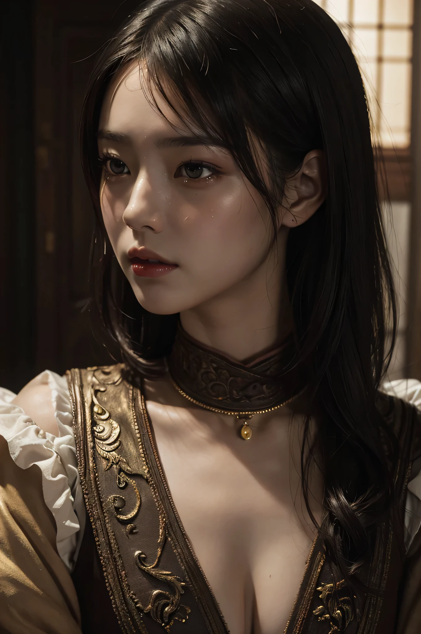 Renaissance-style portrait, hand-tinting in sepia, Momoko Okazaki center, perfect hands enveloping hyper-detailed face, eyes brimming with tears, moody aged texture, red lips featured twice, Rubens-inspired brushwork, scattered light enhancing golden ratio composition, matte painting meets 3D for high-quality model, intricate detailing, ominous atmosphere akin to a cinematic character render, popularity akin to CGSociety and ArtStation trends, creativity fueled by Artgerm,