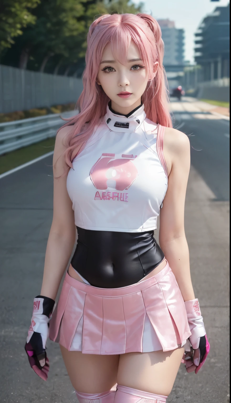 highest quality, ultra high resolution, (realistic: 1.4), (pink long hair: 1.3), (azur lane\), one girl, (KPOP Idol), view audience, detailed face, contrap post, , Perfect anatomy professional lighting, futuristic fashion, street wear, high tech fabric, racing suit, fireproof material, elbow and knee pads, racing gloves, personalized embroidery, sports car background, pit, mini skirt, belly button, pink hair, Suzuka Circuit, circuit home straight, race track, international circuit, Super Goodhighest quality, ultra high resolution, (realistic: 1.4), (pink long hair: 1.3), (azur lane\), one girl, (KPOP Idol), view audience, detailed face, contrap post, , Perfect anatomy professional lighting, futuristic fashion, street wear, high tech fabric, racing suit, fireproof material, elbow and knee pads, racing gloves, personalized embroidery, sports car background, pit, mini skirt, belly button, pink hair, Suzuka Circuit, circuit home straight, race track, international circuit, Super Good