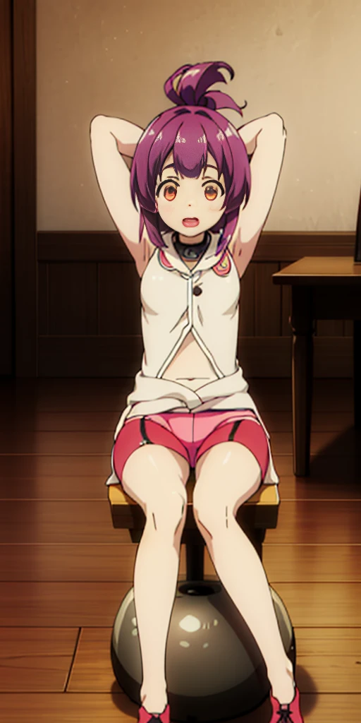 1girl, sitting on the Exercise ball , arms raised in the air , front view, cute