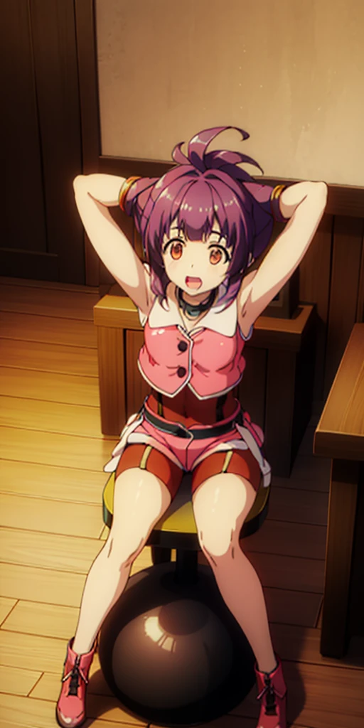 1girl, sitting on the Exercise ball, arms raised in the air, front view, cute