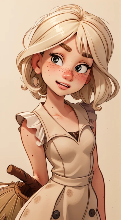 ((best quality, masterpiece:1.2), detailed face: 1.1) rizdraws) ultra-detailed face, soft pointed features, ultra high res, 1 (18yo), australian, looking at viewer, pale skin tone, face freckles), (dirty blonde floating hair), (small bust: 1.2), (blushing, sad), (wearing "cinderalla" disney costume), ((dirty beige work dress)), ((brown) vest), (dirt smears on face and arms), (holding broom)