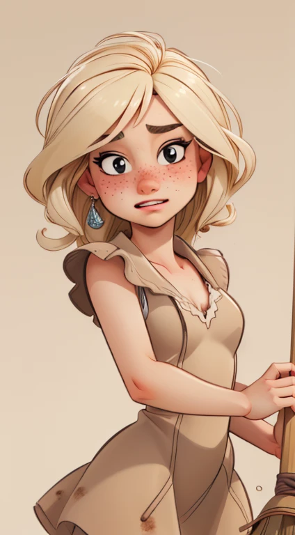 ((best quality, masterpiece:1.2), detailed face: 1.1) rizdraws) ultra-detailed face, soft pointed features, ultra high res, 1 (18yo), australian, looking at viewer, pale skin tone, face freckles), (dirty blonde floating hair), (small bust: 1.2), (blushing, sad), (wearing "cinderalla" disney costume), ((dirty beige work dress)), ((brown) vest), (dirt smears on face and arms), (holding broom)