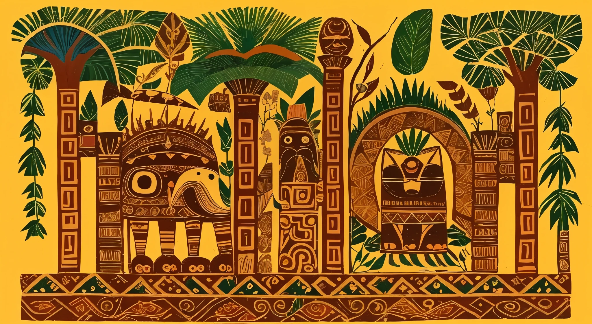 Authentic texture,totem, Small animals & Nature, plant, birds, that tree, grassy, 2d, Hand Painted, old, old 玛雅文明, White background,2D images, solidcolor, Mayan painting mural, --ar 2:1