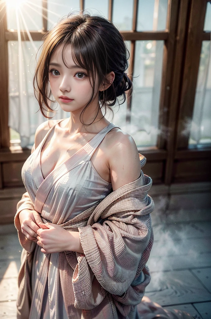 ((RAW shooting:1.5)), (photorealistic:1.5, muste piece:1.5, 8K), (highest quality, masterpiece, ultra high resolution), morning, Shrine precincts, ((fog the lens:1.4)), ((Shoot with blur:1.5)), ((sunrise, Sunlight coming in from behind:1.6, Strong sunlight spreads across the screen:1.6)), ((Strong sunlight shines on a woman:1.7)), ((The entire screen appears white and hazy due to strong sunlight.:1.8)), ((The woman looks blurry due to the strong sunlight:1.9)), Professional camera work:1.3, Highly detailed skin and facial texture:1.3, Grow Light Effect, super detail:1.3, 1 girl, fair skin, glossy skin, (Sense of clarity:1.4, small face), extremely beautiful face:1.5, (Sense of clarityを感じる目:0.9, looking far away), A smile:1.0, (mouth slightly open:0.4, Sense of clarityを感じる口当たり:0.7), double eyelid, Dark brown medium hair, necklace and earrings, (Wearing a pink kimono correctly Off-shoulder)