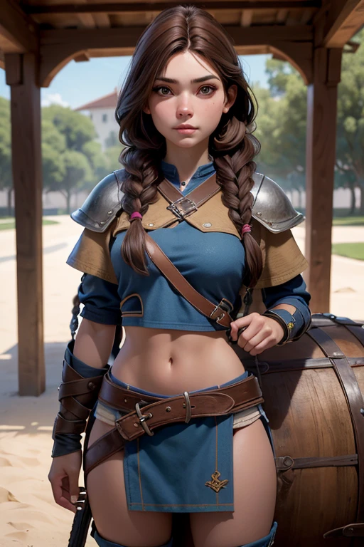 (Obra maestra, La mejor calidad) young 18 year old woman, Cabello largo, ojos azules, cabello rubio, brown hair, tenencia, boca cerrada, Parte superior del cuerpo, arma, trenza, al aire libre, tenencia arma, armadura vikinga, Profundidad de campo, realista.