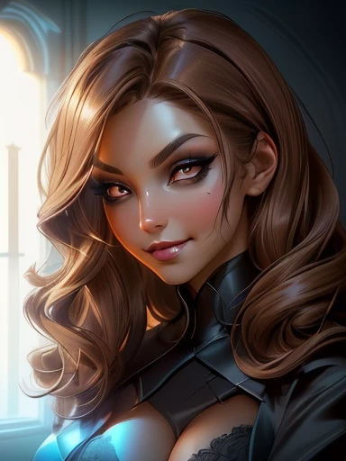 ((Masterpiece)), ((Best Quality)), ), the scene has perfect lightinglit, ((soft light, backlighting): 1.0), low view, (low view)1.3).A girl, ((Perfect Skin) ), her skin is clear and tan, looking healthy, ((Perfect Skin): 1.2), ((Almond Eyes: 1.0), (Perfect Hair), (Long and Curly Hair, light brown hair), show the bust, perfect skin, perfect face, ((Ironic Expression, Sarcastic Smile)), ((Seductive Look)), ((Mysterious, Scary, and Inviting Look at the Same Time): 1.2), ((Seductive Look): 1.0). She is known as Vendettendetta, a former agent, genetically created to be a skilled secret agent in all espionage strategies, decided to rebel and lives to hunt her creators.