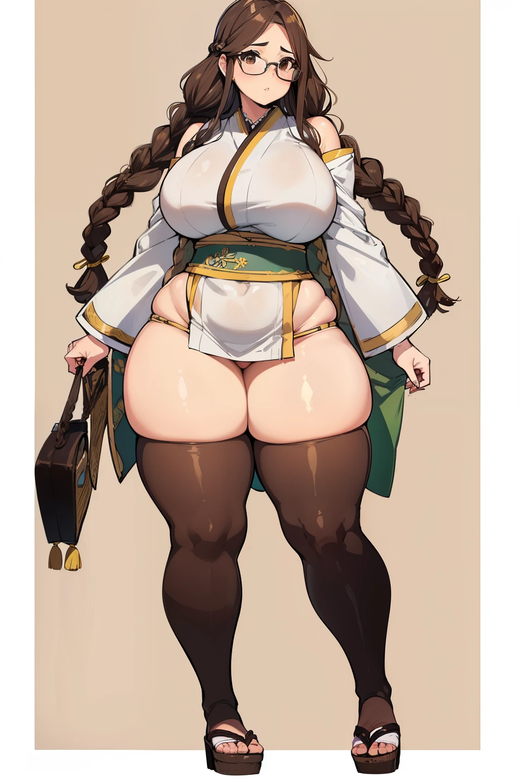 ((Giant saggy tits)),((caderas anchas)),((Chica blanca)),((Long brown hair with braids)),((brown eyes)),((thicc thights)),((gafas)),Thicc MILF,((Ropa de diosa japonesa)),((full body))