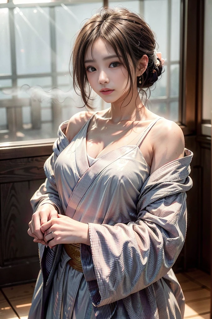 ((RAW shooting:1.5)), (photorealistic:1.5, muste piece:1.5, 8K), (highest quality, masterpiece, ultra high resolution), morning, Shrine precincts, ((fog the lens:1.4)), ((Shoot with blur:1.5)), ((sunrise, Sunlight coming in from behind:1.6, Strong sunlight spreads across the screen:1.6)), ((Strong sunlight shines on a woman:1.7)), ((The entire screen appears white and hazy due to strong sunlight.:1.8)), ((The woman looks blurry due to the strong sunlight:1.9)), Professional camera work:1.3, Highly detailed skin and facial texture:1.3, Grow Light Effect, super detail:1.3, 1 girl, fair skin, glossy skin, (Sense of clarity:1.4, small face), extremely beautiful face:1.5, (Sense of clarityを感じる目:0.9, looking far away), A smile:1.0, (mouth slightly open:0.4, Sense of clarityを感じる口当たり:0.7), double eyelid, Dark brown medium hair, necklace and earrings, (Wearing a pink kimono correctly Off-shoulder)