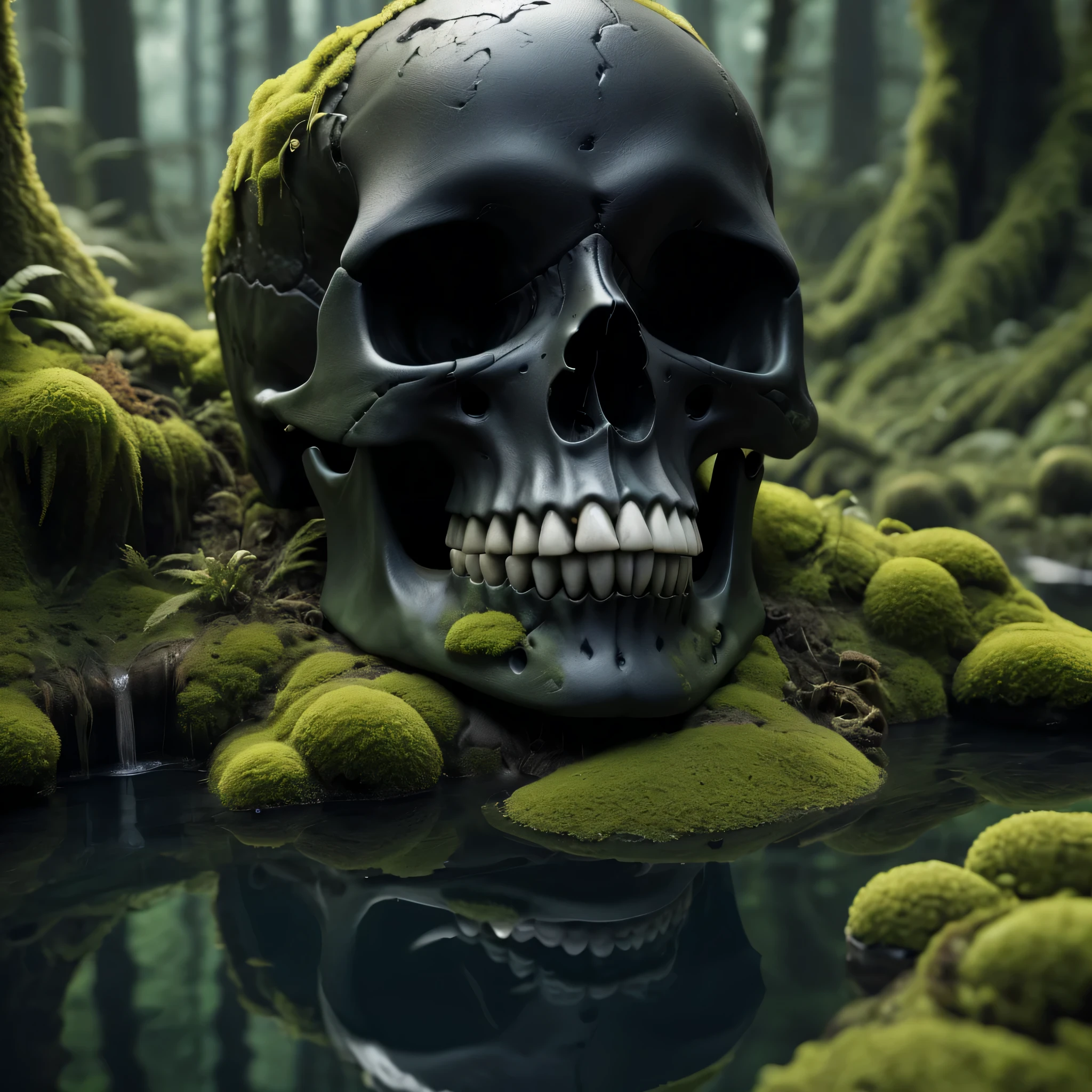 (best quality,8K,high resolution,muste piece:1.2),Super detailed,Eerily realistic jet black skull,elaborate corpse,pool,forest,moss:2 scary themes