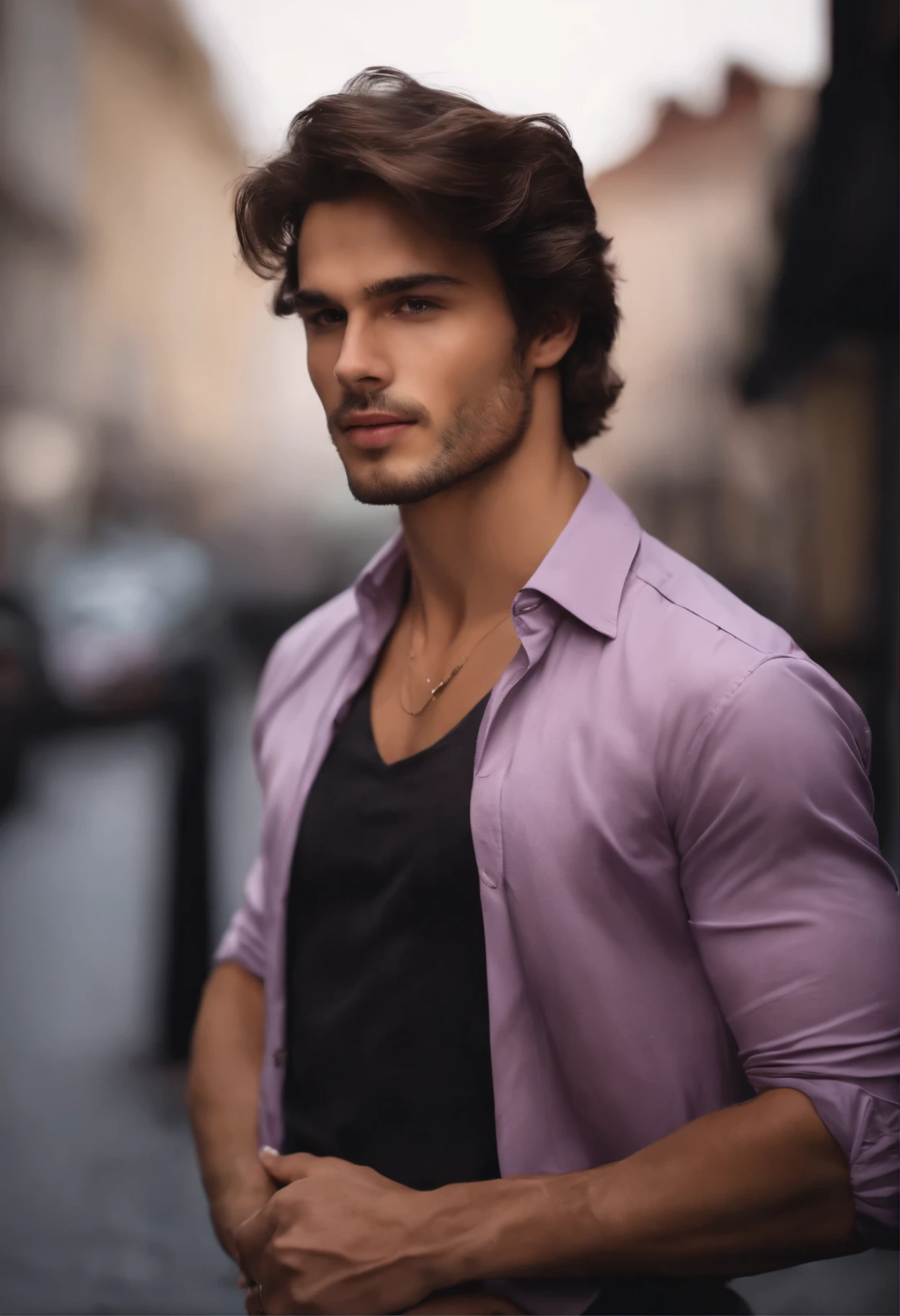 25 year old man with attractive appearance, dark brown hair, stylish and elegant, shirt hugging his body and strong, Man resembling actor Brad pit, (Real image and high quality), the background is a street with small light purple flower prizes on both sides, ((best quality, 8K, masterpiece).