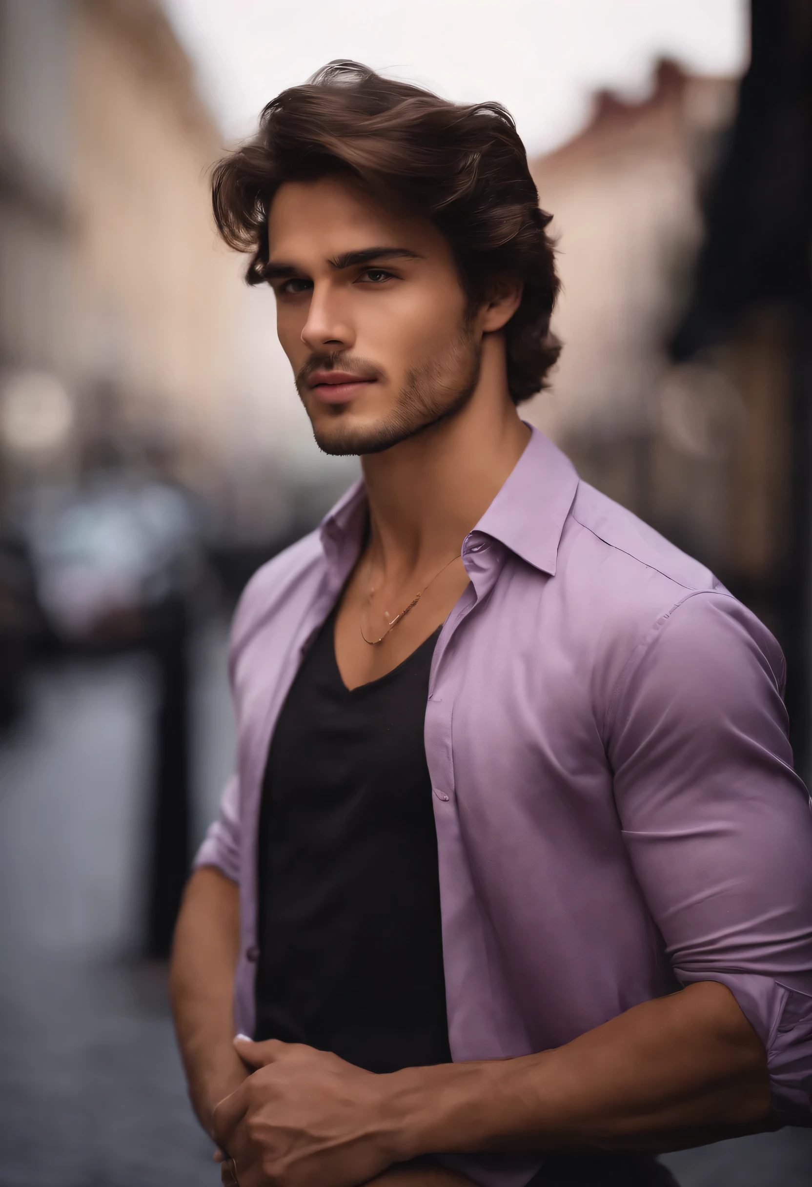 25 year old man with attractive appearance,  dark brown hair, stylish and elegant, shirt hugging his body and strong, Man resembling actor Brad pit, (Real image and high quality), the background is a street with small light purple flower prizes on both sides, ((best quality, 8K, masterpiece).