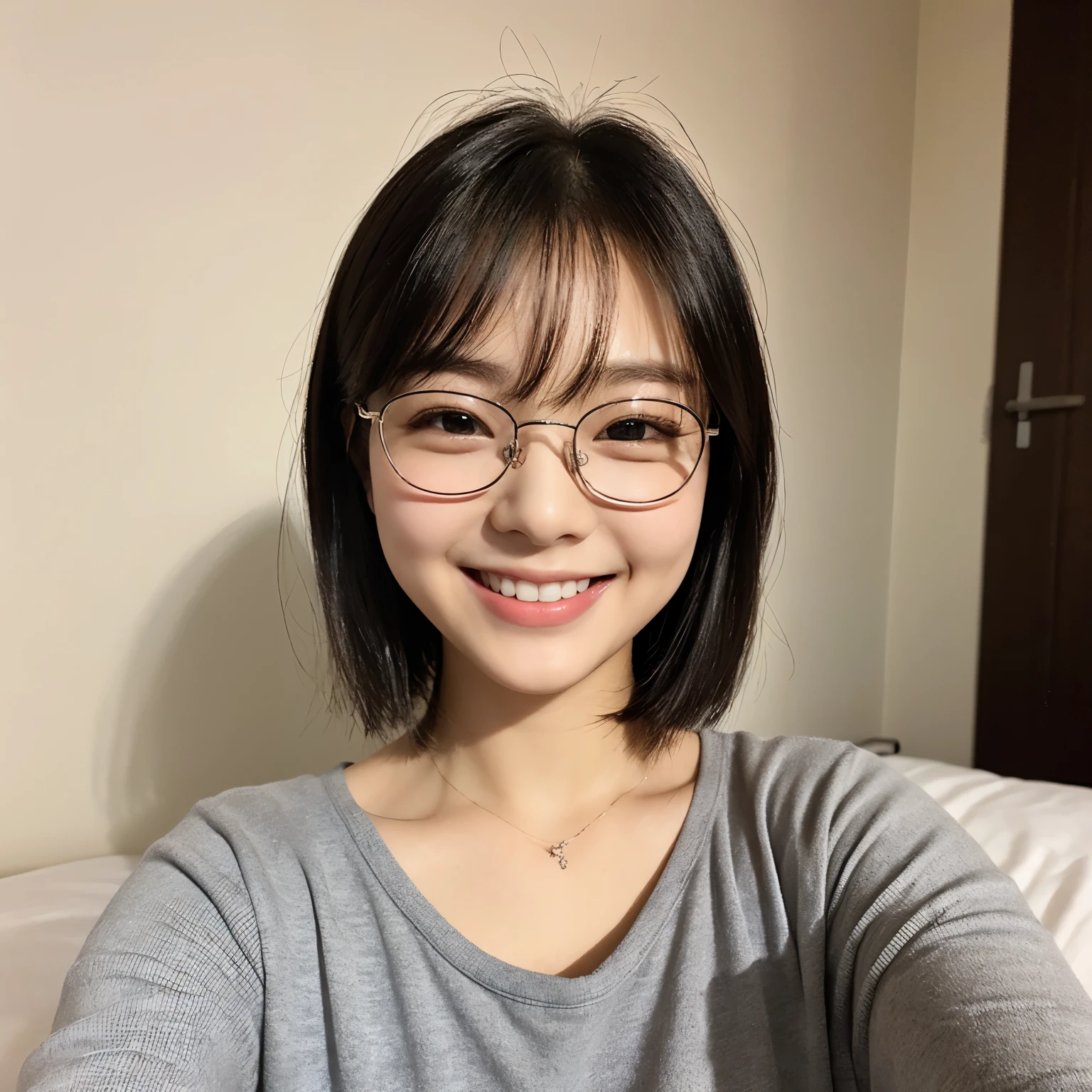 girl, cute type, 18-year-old, photograph, black hair, short hair, light smile, Depth of the bounds written, highest quality, High resolution, Glasses, bedroom, bed