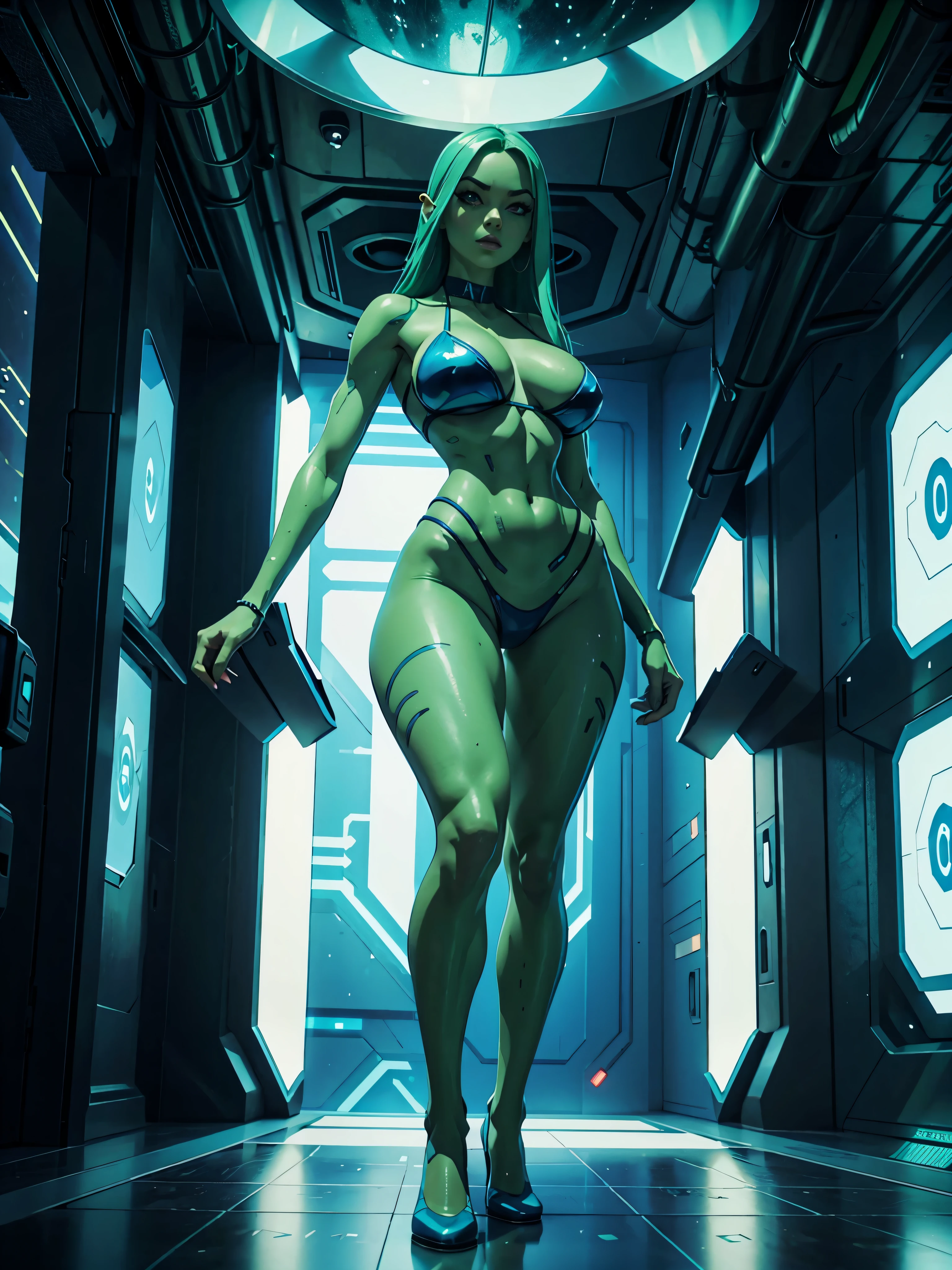 Full body image, young beautiful alien android woman, with green skin and blue drawing, very large firm breasts, perfect proportions, bikini outfit, she is standing in a dark alien fortress on an alien planet, in the future, cyberpunk, dark, gloomy, menacing, anime, sexy, erotic, UHD resolution, realistic detail, realistic reflections, realistic shadows, 3D, masterpiece, art