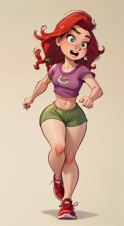((best quality, masterpiece:1.2), detailed face: 1.1) rizdraws) ultra-detailed face, soft pointed features, ultra high res, 1 (18yo), australian, looking at viewer, pale skin tone, face freckles), (small bust: 1.2), (disney ariel little mermaid), wearing ((purple crop top)) ((green running shorts)) ((red running shoes)), running on track, (determined expression, flushed cheeks)