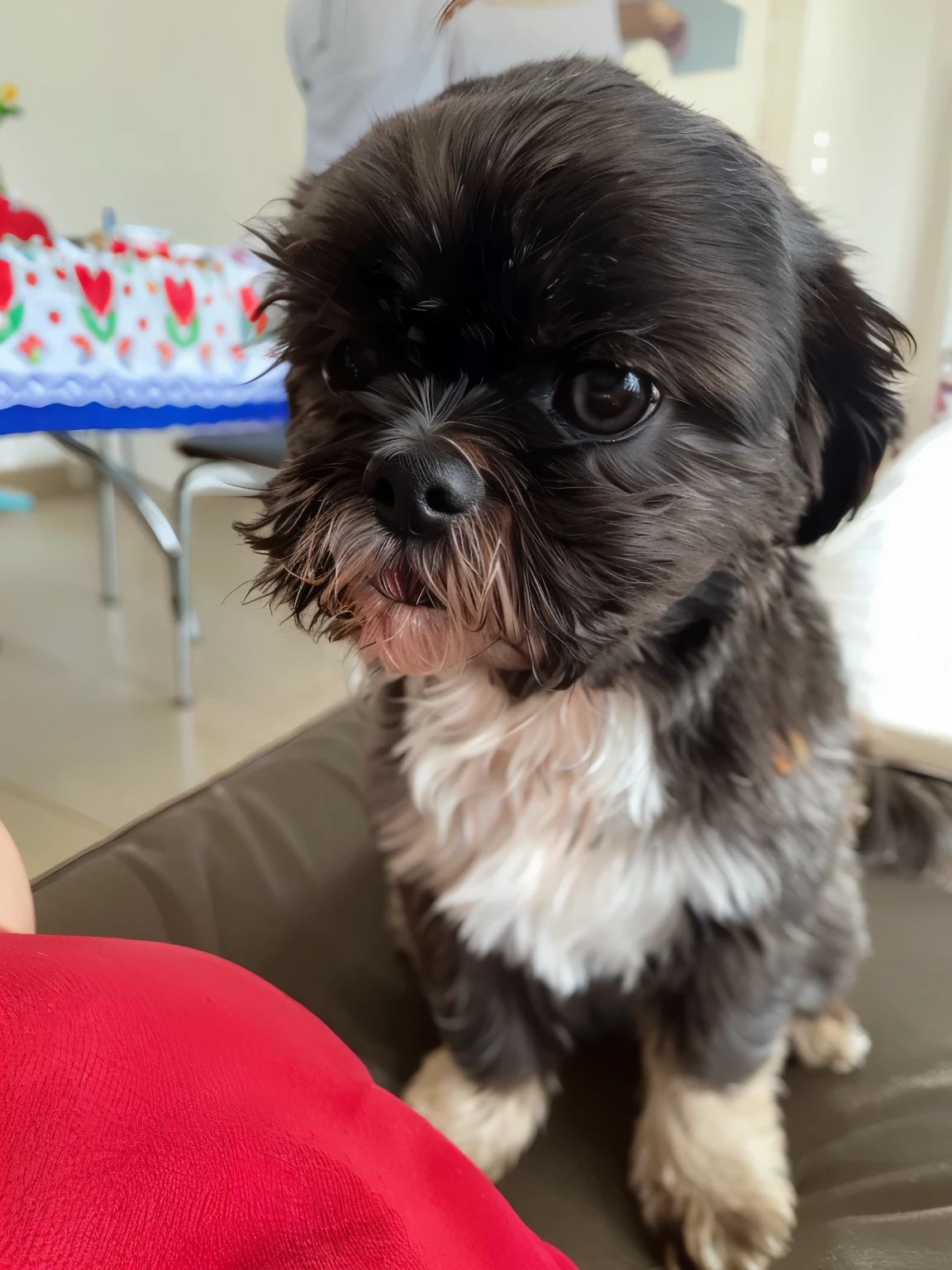 cachorro araffe com rosto branco e preto sentado em uma mesa, looking lovingly at the camera, looking directly at the camera, queixo pequeno, shih-tzu, looking directly at the camera, looking at the camera, cara fofa, looks into the camera, looking directly at the camera, looking at the camera, Huge adorable eyes, looking away from the camera
