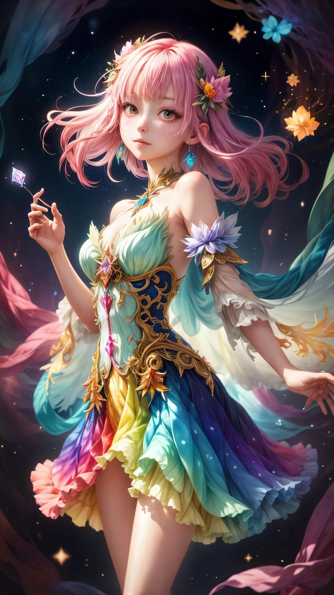 A captivating anime girl gracefully emerges from the pages of a watercolor painting, her vibrant and intricate colors breathing life into the artwork. She wears extraordinary fantasy costumes，Decorated with exquisite details, reflecting the enchanting world she inhabits. Luminescent elements, like glowing crystals and ethereal wisps, surround her, casting a soft, otherworldly glow. The watercolor style imbues the image with a sense of fluidity and delicacy, as if the colors are effortlessly blending and bleeding into one another. Camera shot: Medium Shot, Camera lens: softfocus, Lighting: luminescent glow, watercolor brushstrokes,