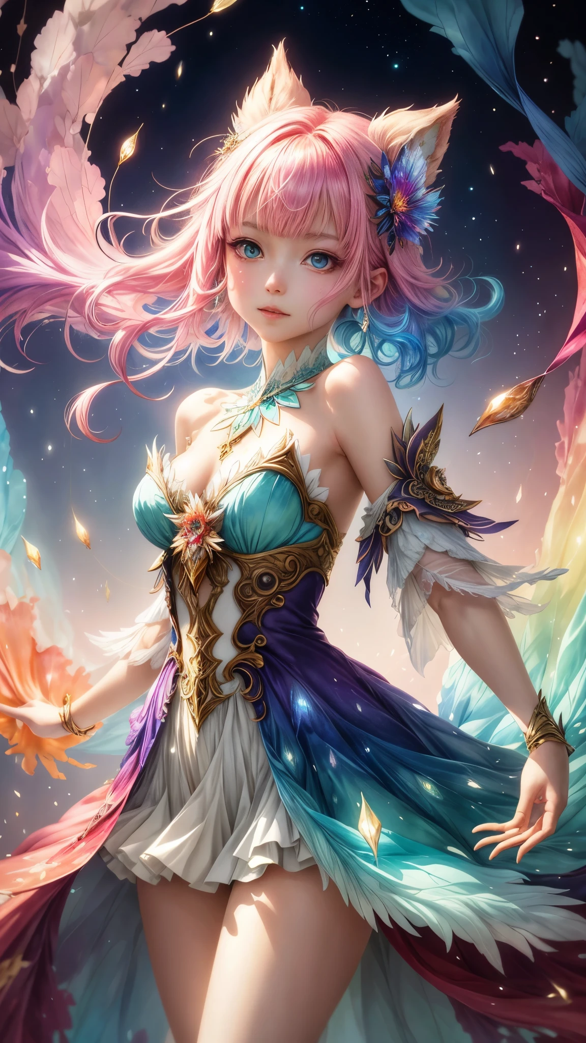 A captivating anime girl gracefully emerges from the pages of a watercolor painting, her vibrant and intricate colors breathing life into the artwork. She wears extraordinary fantasy costumes，Decorated with exquisite details, reflecting the enchanting world she inhabits. Luminescent elements, like glowing crystals and ethereal wisps, surround her, casting a soft, otherworldly glow. The watercolor style imbues the image with a sense of fluidity and delicacy, as if the colors are effortlessly blending and bleeding into one another. Camera shot: Medium Shot, Camera lens: softfocus, Lighting: luminescent glow, watercolor brushstrokes,