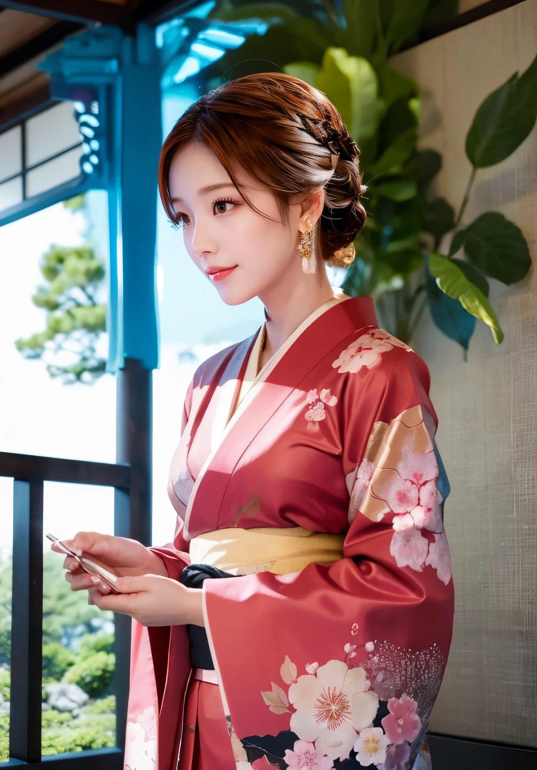 (photorealistic:1.4), (Top image quality:1.0), (Super high resolution:1.0), 8K, Raw photography, (masterpiece:0.2), (Pueros face_v1:0.5)、(最高quality Detail:1.2)、realistic、8K UHD、High resolution、(1 girl:1.2)、超detailedな、High quality textures、intricate details、detailed、Very detailed CG、High quality shadows、Detail beautiful delicate face、Detail beautiful delicate eyes、Depth of the bounds written、ray tracing,1 girl, japanese girl, cute type, thin, Black Kimono, Japanese pattern kimono,フrollerルシュシュ, Shining beautiful skin, facing the front,please sit down, Sit upright and say thank you,Arrange your hands elegantly,The faintly smiling country of Japan,Japanese garden,luxury Japanese room, sky porn, magic hour, (realistic:1.3), finely, quality, (muste piece:1.2), (realistic:1.2), (最高quality), (複雑なdetailed), dramatic, ray tracing, photograph, +roller