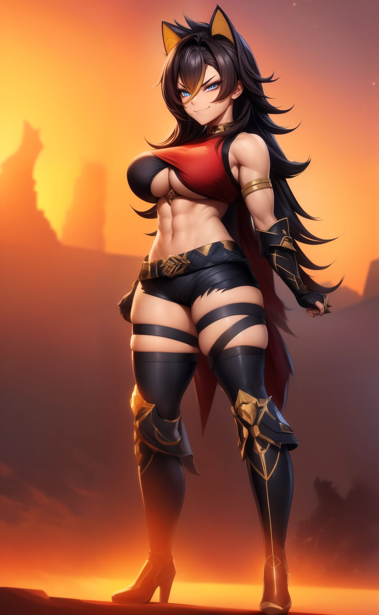 [dehya], [genshin_impact], ((masterpiece)), ((HD)), ((high res)), ((solo portrait)), ((front view)), ((feet visible)), ((anime)), ((detailed shading)), ((cinematic lighting)), {woman; (brown skin), (cute light-blue eyes), (long eyelashes), (gold eyeshadow), (short eyelashes), (long black hair), (two toned hair), (gold highlights in hair), (medium boobs), (defined muscles), (thick thighs), (beautiful muscular legs), (smug smirk)}, {(red and black top), (torn black shorts), (knee high boots), (heels on boots), (metal claws), (leg straps), (cat ears)}, {(standing), (fire from hand), (looking at viewer)}, [background; (desert), (sunset), (starry sky), (fire), (ambient lighting)]