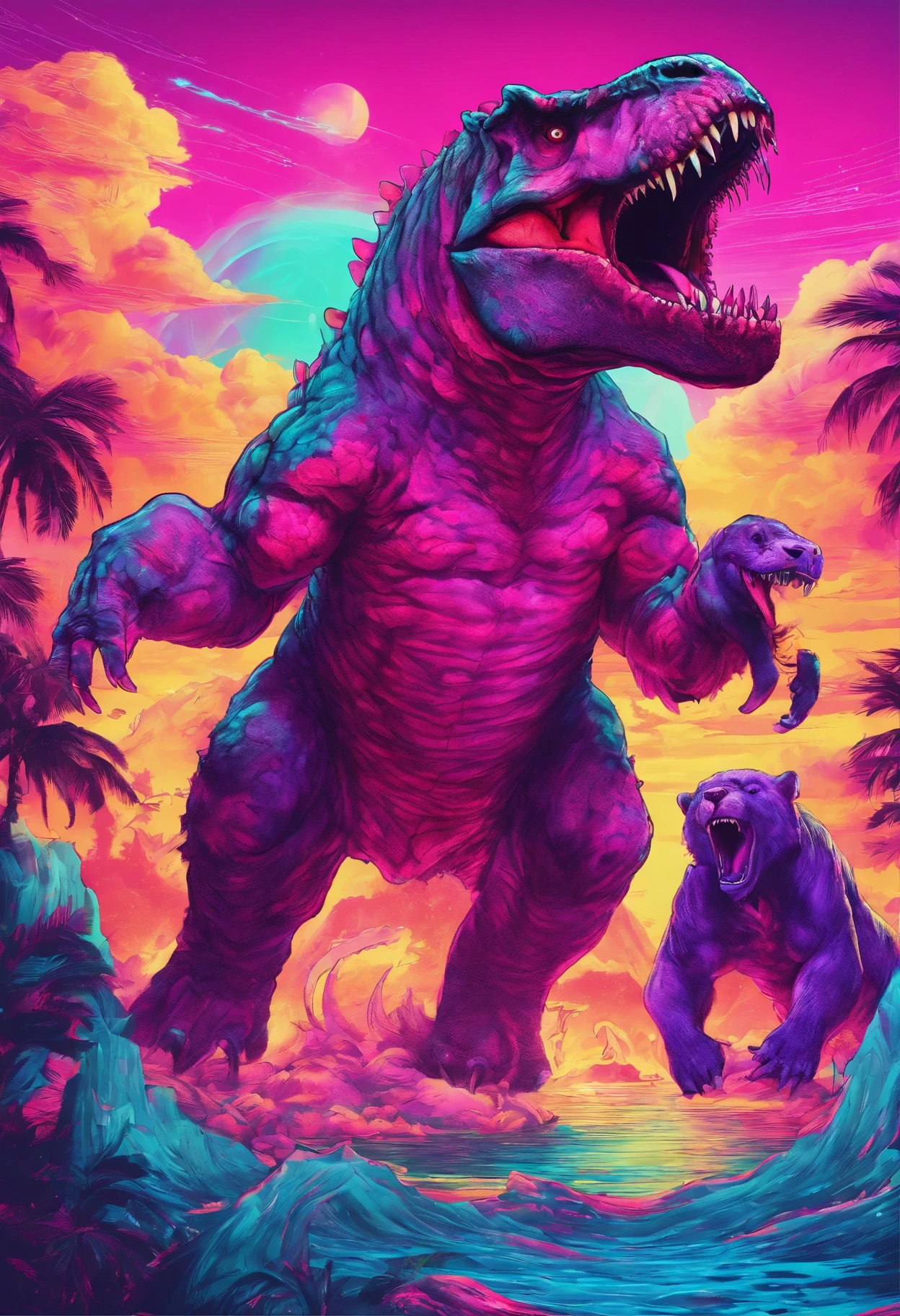Create a picture of a tyrannosaurus fighting with several fierce tigers and bears