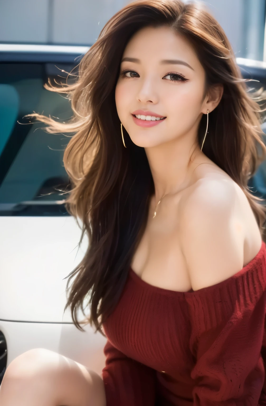 (24 year old lover), (big breasts:1.2),  in the car、High neck cable knit dress、high heel boots、white tight miniskirt、people in the car々々々、looking at camera、(master piece: 1.3), (maximum resolution: 1.4), (ultra high vision: 1.2), cinematic light, ultra high vision,make one&#39;s cheeks flush:1.2、 (detailed eyesと肌), (detailed facial features), nffsw, 8K resolution, perfect style, beautiful expression、Highly detailed face and skin texture、detailed eyes、double eyelid、eye shadow:1.2、blue eyeliner:1.2、shiny skin、(fair skin:1.6)、red rouge、dark lipstick:1.2、shiny small earrings、glossy lips:1.2、((full body shot:1.2))、(layered hairstyles、light brown hair)、medium long hair、(very charming smile:1.2)