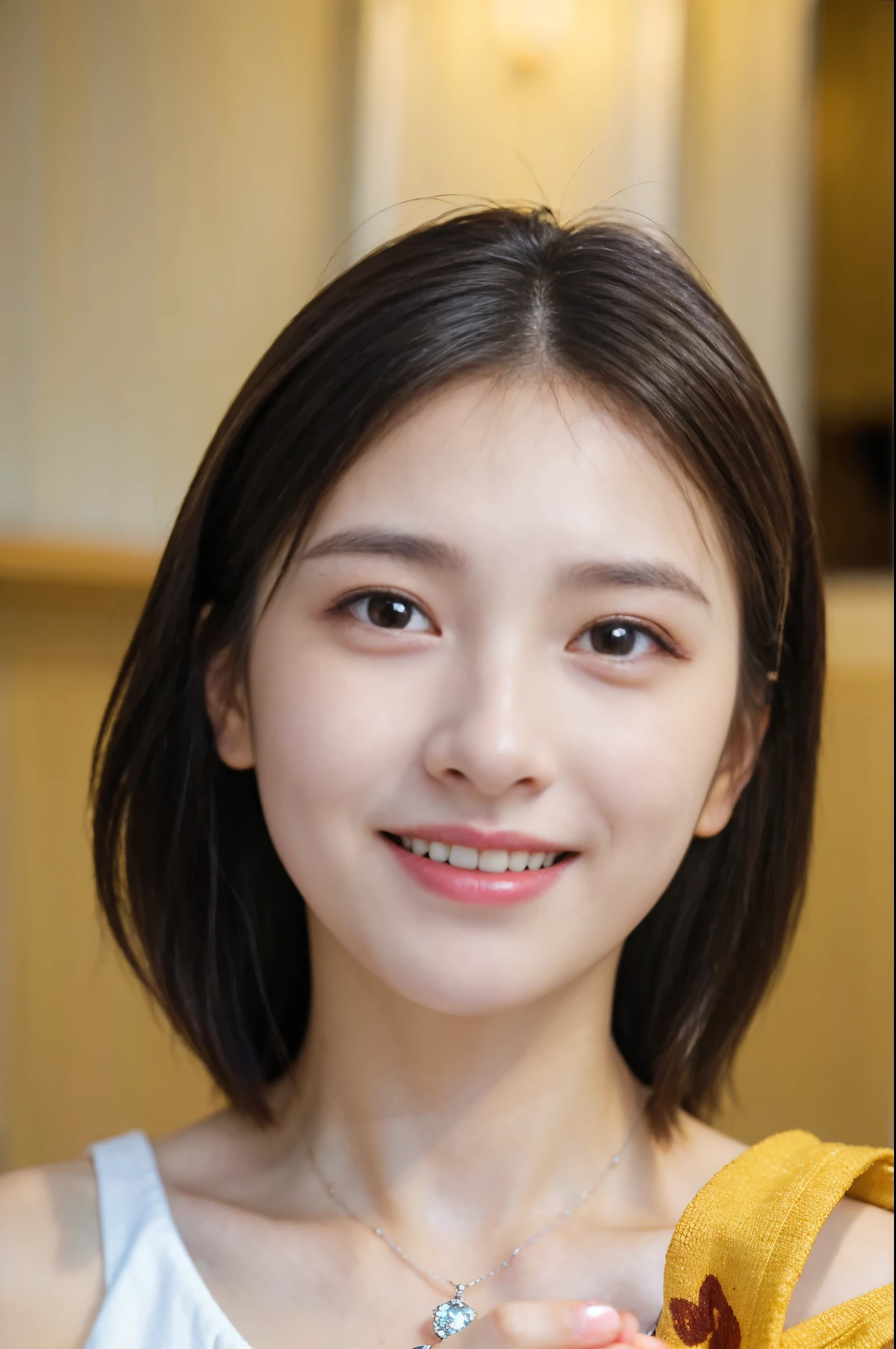 (8K、Live shooting、photorealistic:1.25)、1 girl、14 year old woman with a beautiful face、Open your mouth and laugh、profile、eat stew at the table、spoon、diamond necklace、one piece dress、fine eyes、lip gloss、long eyelashes beautiful look、shiny bare skin、highest quality、Super high resolution、