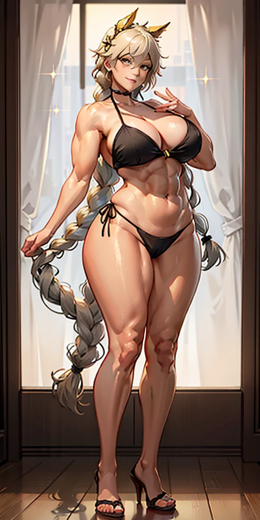 1girl full body standing, nice ass, Hairstyle with a braid, white colored hair, Yellow eyes, perfect lighting, muscular, thights, Mature woman, mummy, bellybutton, Abs, looks at the viewer (tmasterpiece, hiquality: 1.1) ssmile, Extremely huge breasts, Maternal, porcelain skin, extra very long hair, sparkly skin, good face, chest cover
