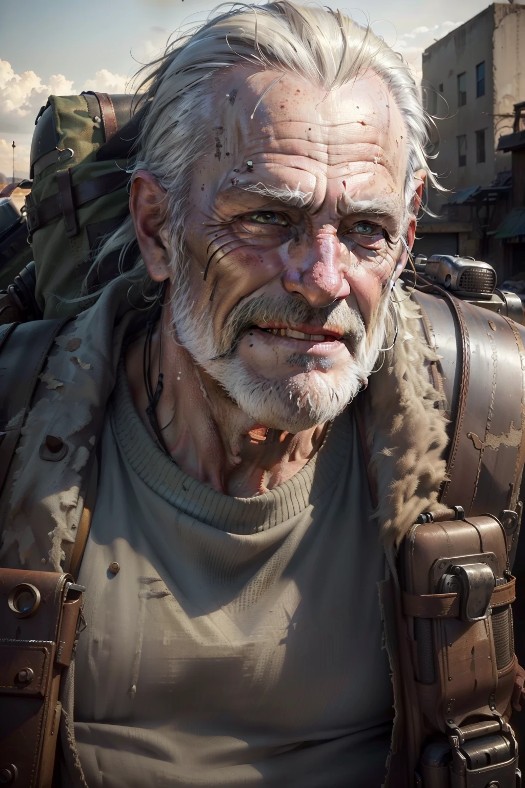 OLD MAN,(best quality,4k,8k,highres,masterpiece:1.2),ultra-detailed,(realistic,photorealistic,photo-realistic:1.37),smile,post-apocalypse,ruined city,soft lighting,Man,40s,gray beard,tactical trail clothing,backpack,woods