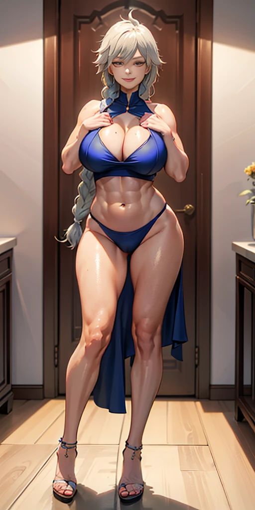 1girl full body standing, nice ass, Hairstyle with a braid, white colored hair, Yellow eyes, perfect lighting, muscular, thights, Mature woman, mummy, bellybutton, Abs, looks at the viewer (tmasterpiece, hiquality: 1.1) ssmile, Extremely huge breasts, Maternal, porcelain skin, extra very long hair, sparkly skin, good face, chest cover