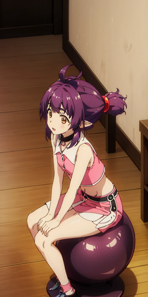 1girl, sitting on the Exercise ball , arms raised in the air , front view, cute