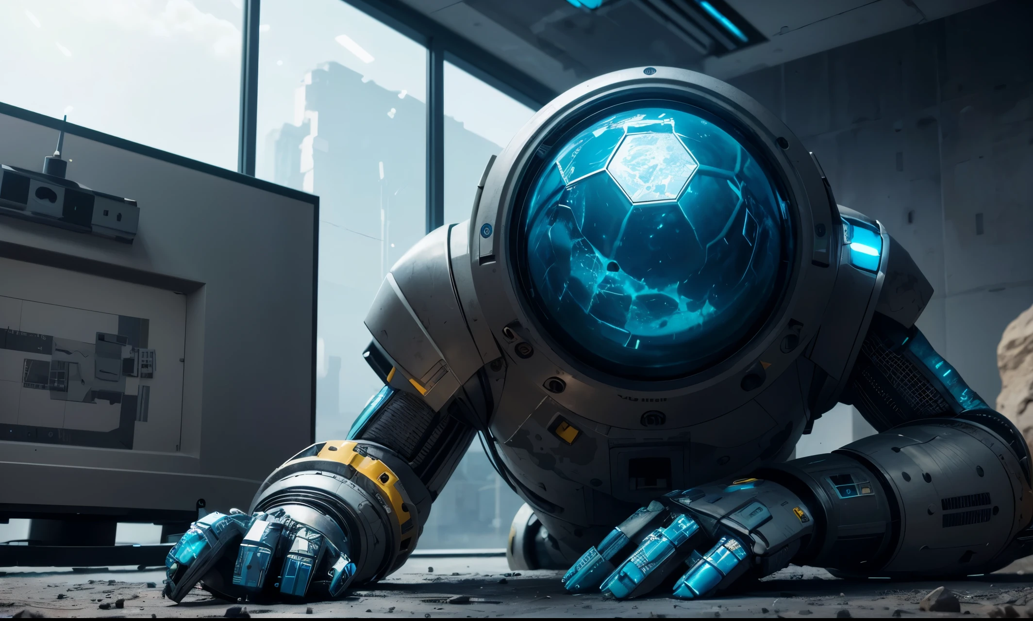 A crazy modern blueprint design with an Only Eye robot, with protective pins on hands, TV head, pin head, Rusty White Yellow cyan camouflage, environment in a super detailed meteorite crater, center, beautiful and soft lighting, focused on character. 4K resolution, photorealistic rendering.