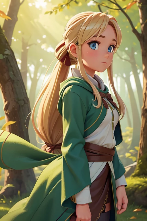 (best quality, ultra-detailed, realistic:1.37), 20's girl with long blonde hair tied in a ponytail at her back, archer, ash blue eyes, a picturesque scene, soft lighting, in a fantasy forest, wearing a green cloak and a quiver of arrows on her back, focused expression, aiming her bow with precision, surrounded by colorful autumn leaves, sunlight filtering through the trees, vibrant colors, a hint of mist in the air, creating an ethereal atmosphere.