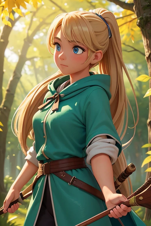 (best quality, ultra-detailed, realistic:1.37), 20's girl with long blonde hair tied in a ponytail at her back, archer, ash blue eyes, a picturesque scene, soft lighting, in a fantasy forest, wearing a green cloak and a quiver of arrows on her back, focused expression, aiming her bow with precision, surrounded by colorful autumn leaves, sunlight filtering through the trees, vibrant colors, a hint of mist in the air, creating an ethereal atmosphere.