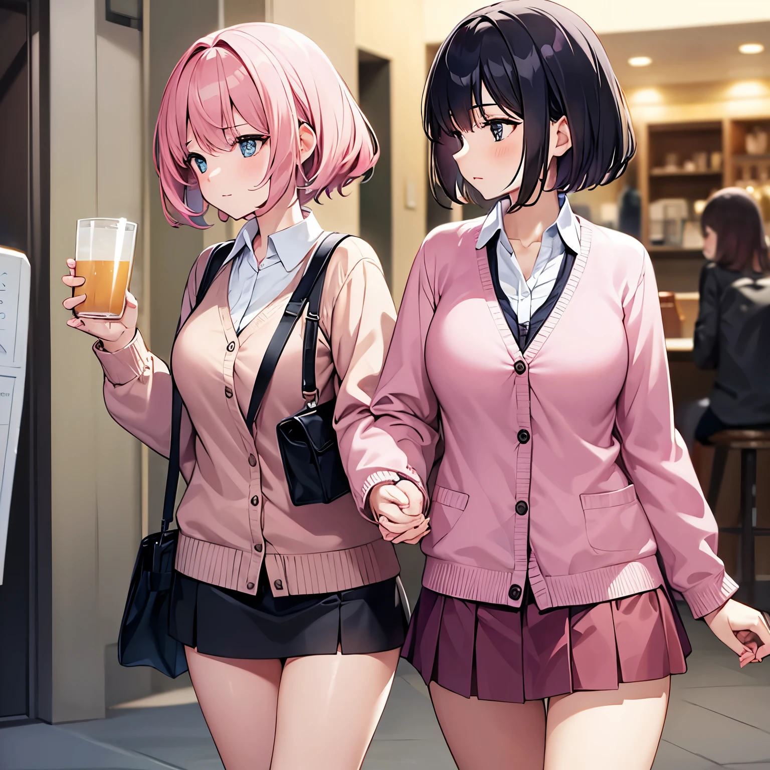 1 woman, short cut, pink cardigan, miniskirt, right hand holding tumbler, left hand holding peace