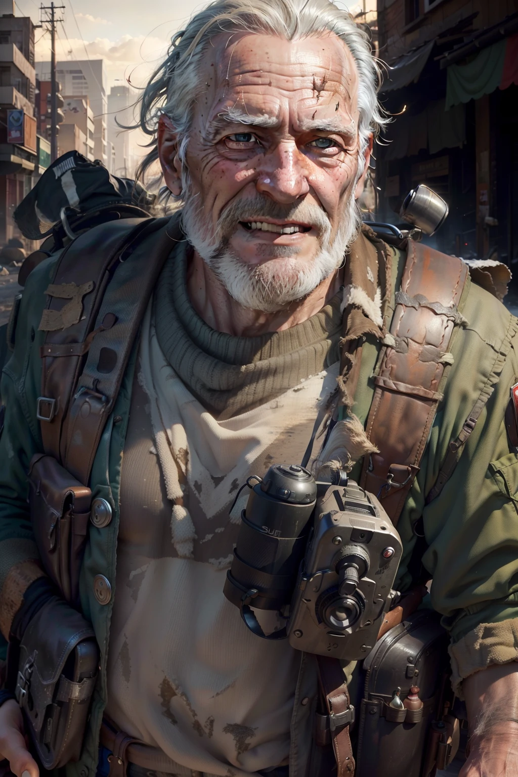 OLD MAN,(best quality,4k,8k,highres,masterpiece:1.2),ultra-detailed,(realistic,photorealistic,photo-realistic:1.37),smile,post-apocalypse,ruined city,soft lighting,Man,40s,gray beard,tactical trail clothing,backpack,woods