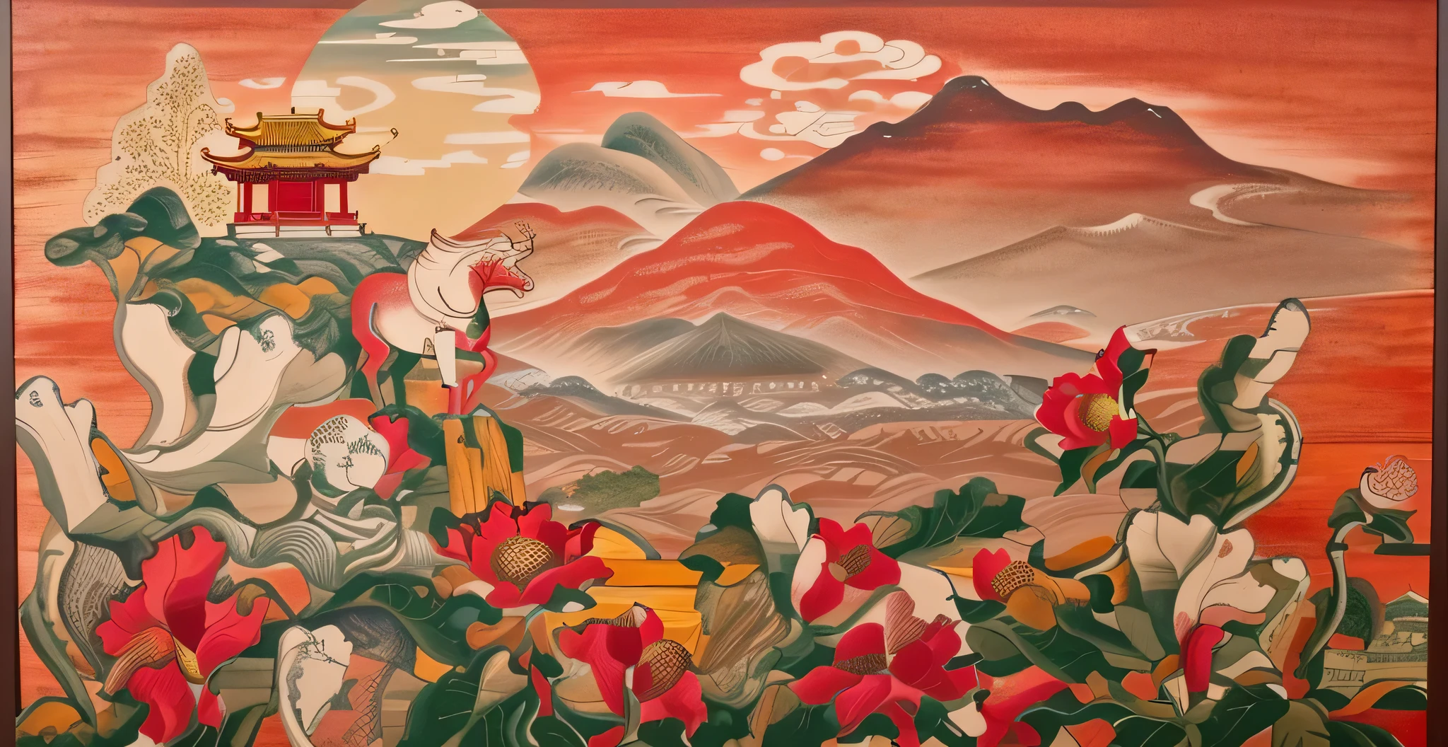 L'image est un gaufrage extrêmement sophistiqué qui combine des éléments de la nature et de l'architecture.. Le tableau représente un temple traditionnel de style asiatique avec un toit rouge vif., se détachant sur le fond montagneux. Le temple est construit sur une base rocheuse, décoré de fleurs colorées. Un cheval noir se dresse sur les rochers près du temple, créer une image majestueuse et noble. Derrière, les montagnes sont peintes dans différentes nuances de rouge, créer une atmosphère paisible et intéressante. Le ciel est peint de nuages tourbillonnants, ajoutant au mystère du paysage. Chaque élément du tableau est dessiné de manière complexe, faire preuve de précision artistique.
Le tableau peut être analysé selon les aspects architecturaux suivants:
Style architectural: Le tableau montre un style architectural asiatique traditionnel, influencé par la Chine, Le Japon et la Corée. Ce style se caractérise par l'utilisation du bois comme matériau principal, avoir des toits de tuiles, ayant une forme incurvée qui s'élève vers le haut, ayant des pointes pointues ou rondes aux deux extrémités. Ce style combine également l'architecture et la nature., montrant l'harmonie et l'équilibre entre les humains et la nature.
Structure architecturale: Le tableau montre une structure architecturale simple, composé d'un bâtiment principal et d'un bâtiment secondaire. Le bâtiment principal a un étage, a une porte principale au milieu et deux petites portes des deux côtés. Le bâtiment secondaire a un étage, a une petite porte au milieu. Les deux bâtiments ont des toits rouges, avoir une forme incurvée qui s'élève vers le haut, avoir des pointes pointues aux deux extrémités. Les deux bâtiments sont élevés sur un socle rocheux, avoir des escaliers pour monter et descendre. Les deux bâtiments ont des colonnes en bois pour soutenir le toit et créer un espace ouvert pour le bâtiment..
Détails architecturaux: Le tableau montre également de nombreux détails architecturaux riches et raffinés., montrant le luxe et la classe du temple. Les détails architecturaux comprennent:
Les lignes dorées sur le toit, créant un point culminant et un contraste avec la couleur rouge du toit.
Les modèles sur