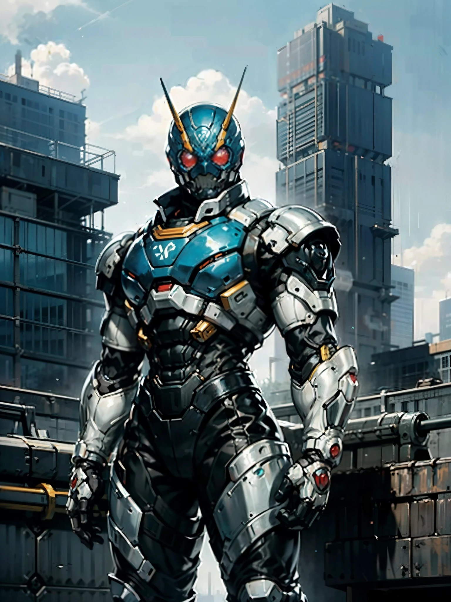 A super a high-tech biotech battle suit, standing on a rooftop, looking over the city, Japanese tokusatsu and American comic style, biometallic texture of the suit, sleek and shiny, dynamic, fast, natural light, cinematic, high quality, high resolution, high detail, sophisticated design, dramatic, high definition, ultra-detailed, ultra-fine painting, extremely delicate, creativity, Natural light, cinematic lighting, best shadow, masterpiece-anatomy-perfect