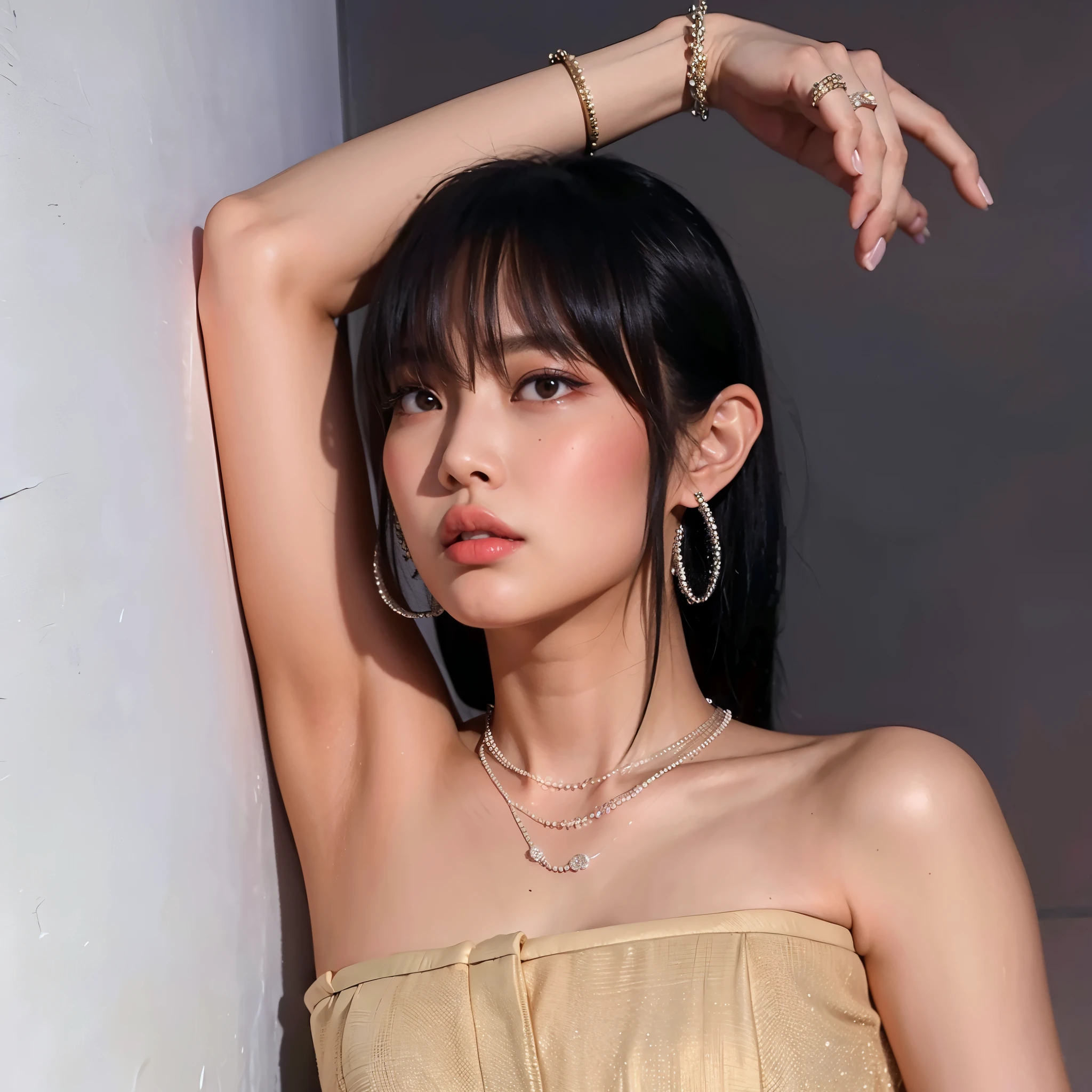 araffe woman in a strapless dress leaning against the wall, Lalisa Manobal, Janice cantou, com franja, chiho, Kiko Mizuhara, Lalisa Manoban do Blackpink, Kimi Takemura, bae suzy, chiho ashima, Yasumotooka, gema chen, shikami, ayaka